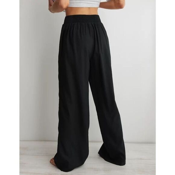 Aerie High Waisted Linen Blend Pants size L Regular Black Pull On - Picture 2 of 10
